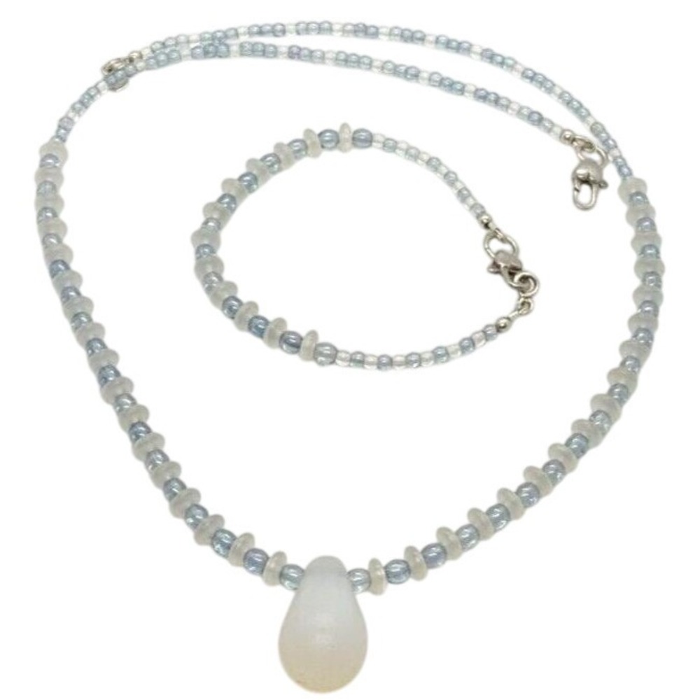Clear Blue & Frosted White Glass Beaded 20'' Necklace Matching 7'' Bracelet Set